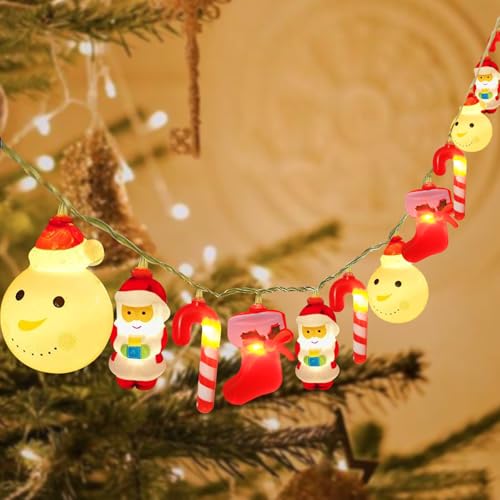 Dekorative Weihnachtslichter, 20 LED Weihnachtsbeleuchtung mit Schneemann, Weihnachtsmann und Strumpfmustern, Warmweiß, Fernbedienung/USB-Betrieben, LED Lichterkette für Weihnachtsdekoration von TOLOYE