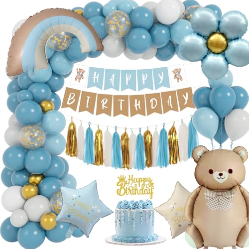 Geburtstag Deko Jungen, Boho Kindergeburtstag Deko mit Retro Blau Gold Luftballons, Bären Happy Birthday Banner, Folienballon, Boho Geburtstag Deko für Erster Geburtstag Jungen Babyparty von TOLOYE