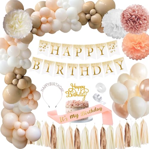 Geburtstagsdeko, TOLOYE Beige Geburtstagsdeko Set mit Happy Birthday Girlande, Nude Weiß Aprikosen Doppelschichten Ballons für Geburtstagsdeko Mädchen Frauen Kinder Boho Party Dekoration Baby Shower von TOLOYE