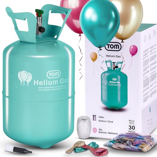 TOM Helium Gas – Helium Gasflasche inkl. 30 Ballons & 100 m Schnur – Helium Balloon Gas für bis zu 30 Luftballons für Geburtstag, Hochzeit & Co. – für Folienballons geeignet von TOM