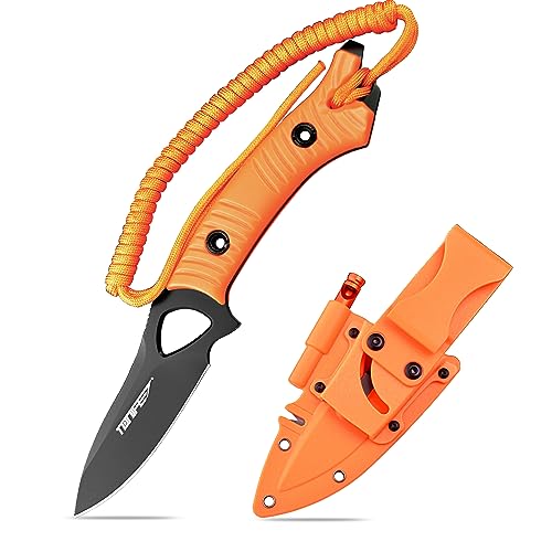 TONIFE Explorer Feststehendes Messer mit Scheide 8Cr14MoV Klinge Multifunktionales Überlebensmesser, Glasfaserverstärkter Nylongriff für Outdoor EDC Messer (Orange+Schwarz Titan) von TONIFE