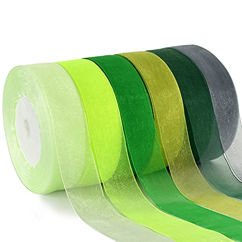 6 Rollen 300 Yards 2,5 cm Green Series Sheer Chiffonband Organzaband für Geschenkverpackungen Hochzeit Geburtstag Party Dekoration DIY Schleifen Basteln Haar Nähen (45,7 Meter pro Rolle) von TONIFUL