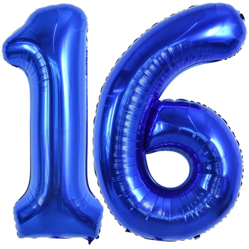 TONIFUL 101,6 cm große marineblaue Zahl 16 Luftballons mit riesigen Ziffern 16 oder 61 Heliumballons, Folien-Mylar-Ballons für 16. oder 61. Geburtstag, Party, 16. oder 61. Jahrestag, Zubehör, von TONIFUL