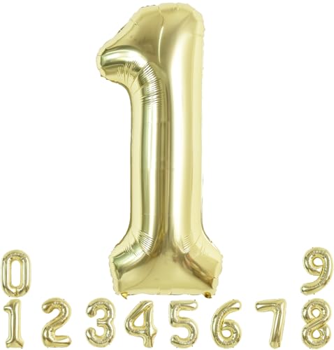 TONIFUL 101,6 cm großer, hellgoldener Ballon mit großen Zahlen, 0–9, Geburtstagsparty-Dekorationen, Folienballon mit großer Zahl 1, für Geburtstagsparty, Hochzeit, Brautparty, Verlobung, von TONIFUL