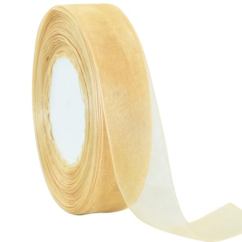 TONIFUL 2.5cm Breite Beige Sheer Chiffon Bänder, Organza Band für Hochzeit Weihnachtsdekorationen, Valentinstag Geschenkverpackung, Bögen Herstellung, Blumensträuße Verpackung und Handwerksbedarf von TONIFUL