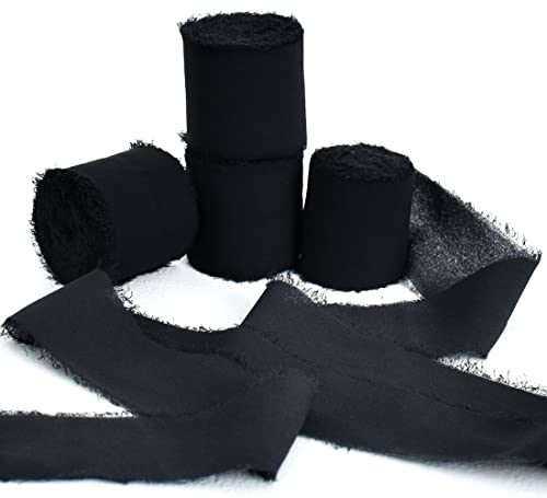 TONIFUL 4 Rollen 3.8 cm schwarzes Chiffon-Seidenband, 22 m, handgefertigtes Fransen-Chiffon-Bänder-Set für Hochzeitseinladungen, Brautsträuße, Geschenkverpackungen, DIY Handwerk (schwarz, 3.8 cm) von TONIFUL