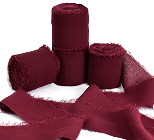 TONIFUL 4 Rollen Seiden-Chiffonband, 3.8 cmx22 m, dunkelrotes Weinrot-Chiffon-Bänder, handgefertigtes Fransen-Seidenband für Geschenkverpackungen, Brautsträuße, Dekoration, Handwerk TONIFUL 4 Rollen Seiden-Chiffonband, 3.8 cmx22 m, dunkelrotes Weinrot-Chiffon-Bänder, handgefertigtes Fransen-Seidenband für Geschenkverpackungen, Brautsträuße, Dekoration, Handwerk von TONIFUL