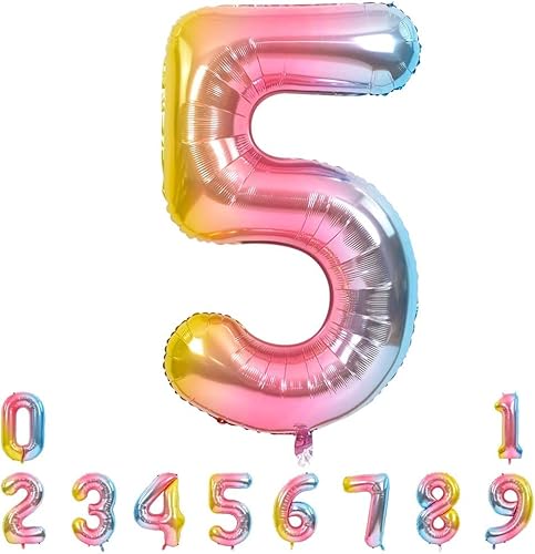 TONIFUL 40 Zoll Nummer Folienballon 0 to 9 in Regenbogenfarben Helium Zahlenballon Riesenzahl Luftballon Nummer 5 Heliumballons für Geburtstag, Hochzeit, Jubiläum Party Dekoration（Zahl 5） von TONIFUL