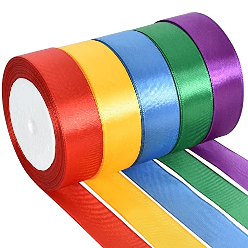 TONIFUL 5 Farben 115M x 25mm Satinband Geschenkband Schleifenband Stoffband Dekoband Stoff Bänder zum Basteln und Geschenk Verpacken, Dekoration, Blumen, Basteln, Dunkler Regenbogen（23M/pro Volumen） von TONIFUL