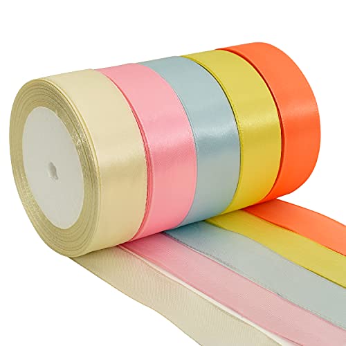 TONIFUL 5 Farben 115M x 25mm Satinband Geschenkband Schleifenband Stoffband Dekoband Stoff Bänder zum Basteln und Geschenk Verpacken, Dekoration, Blumen, Basteln, Makaron Regenbogen（23M/pro Volumen） von TONIFUL