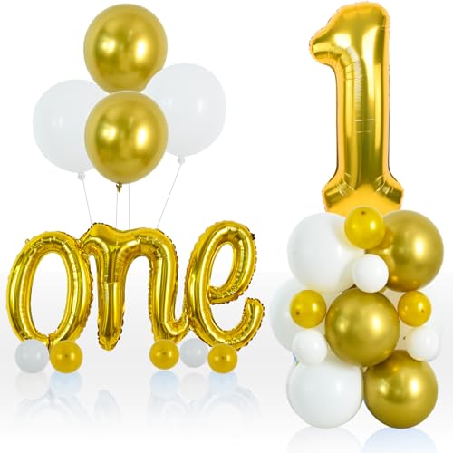 TONIFUL Ballon-Set zum 1. Geburtstag, 101,6 cm, goldfarben, 1 Buchstabe, Folienballon, weiß-metallisch, Goldballons für Kinder, 1. Geburtstag, Party-Dekoration, 27-teilig von TONIFUL