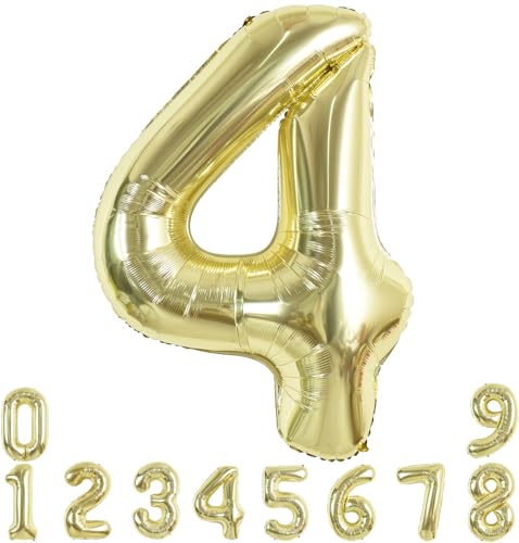 TONIFUL Ballon mit großen Zahlen, 101,6 cm, hellgold, 0–9, Geburtstagsparty-Dekorationen, Folien-Mylar-Ballon mit großen Zahlen 4, für Geburtstagsparty, Hochzeit, Brautparty, Verlobung, von TONIFUL