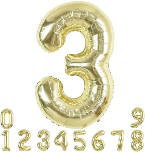 TONIFUL Ballon mit großen Zahlen, 101,6 cm, hellgold, 0–9, Geburtstagsparty-Dekorationen, Folien-Mylar-Ballon mit großer Zahl 3, für Geburtstagsparty, Hochzeit, Brautparty, Verlobung, Abschlussfeiern, von TONIFUL