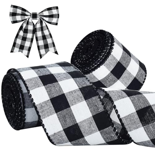 TONIFUL Black and White Plaid Check Wired Ribbon,6cm x 6yds,2pcs Wired Ribbon for Christmas Party Decoration, Bow Making, Hair Accessories and Handmade Crafts Gifts Wrapping von TONIFUL