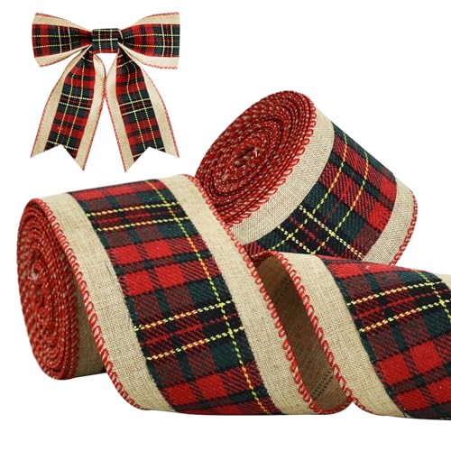 TONIFUL Green and Red Plaid Check Burlap Ribbon, 6cm x 6yds, 2pcs Burlap Wired Ribbon for Crafts Ornament Wrapping, Bows Making, Room and Party Decoration von TONIFUL