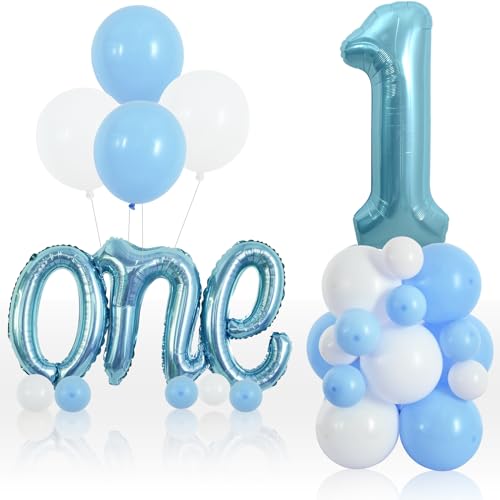 TONIFUL Luftballon-Set zum 1. Geburtstag, 101,6 cm, hellblau, 101,6 cm, hellblau, 1 Buchstabe, Folienballon für Kinder, 1. Geburtstag, Party-Dekoration, 27 Stück von TONIFUL