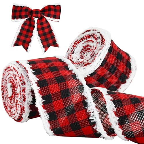 TONIFUL Red and Black Plaid Ribbon Wired By White fur, 6cm x 6yds,2pcs Ribbon for Christmas Party Decoration, Bow Making, Hair Accessories and Handmade Crafts Gifts Wrapping von TONIFUL