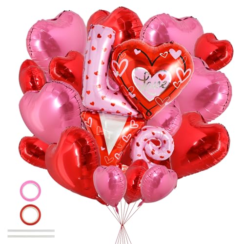 TONIFUL Rote und rosa Herzballons und süße Liebesballon-Set, Valentinstag-Folie, Mylar-Ballons, Dekoration für Valentinstag, Hochzeit, Brautparty, Jahrestag, Verlobung, Partyzubehör (41 Stück) von TONIFUL