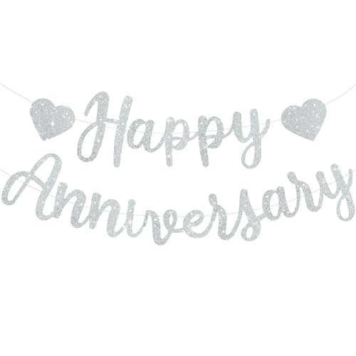 TONIFUL Silber Happy Anniversary Banner, vorgespannt Silber Glitter Happy Anniversary Banner, NO DIY für Silber Glitter Happy Anniversary Girlande, Gold Happy Anniversary Zeichen von TONIFUL