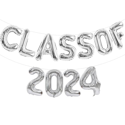 TONIFUL Silberne Klasse von 2024 Abschlussballon-Banner, 2024, Abschlussdekorationen, Folienballons 2024, Glückwunsch-Grad-Ballons für Klasse 2024, Glückwunschabschluss, Partyzubehör von TONIFUL