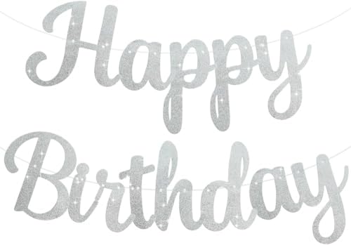 TONIFUL Silber Happy Birthday Banner KENO DIY 10Füße, Pre-Strung-Glitter Happy Birthday Zeichen, Happy Birthday Girlande, Happy Birthday Hintergrund, Happy Birthday Dekorationen für Frauen von TONIFUL