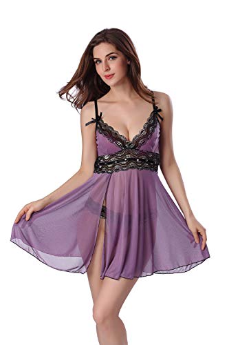 TONZN Damen Sexy Schwarzes Spitzen-Dessous-Set, Babydoll-Nachthemd mit T-Rücken, Nachthemd, tiefer V-Ausschnitt, Netzstoff, Nachthemd (Lila L) (Lila XL) von TONZN