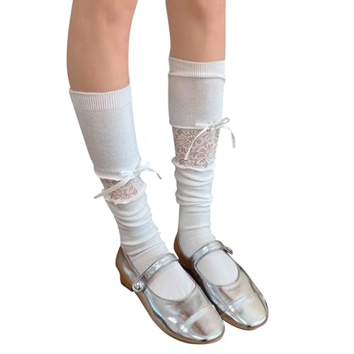 TONZN Damen Spitzensocken aus Netzstoff, Kniestrümpfe, mittellang, zum Schnüren, süße Kniestrümpfe, Oberschenkellänge, Dekorationsstrümpfe (weiß) von TONZN