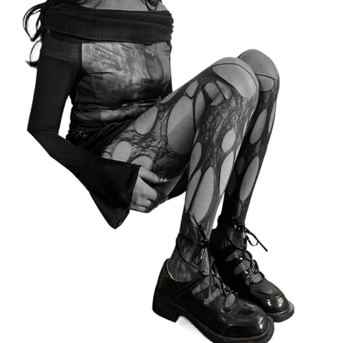 TONZN Sexy durchsichtige Netzstrumpfhose für Damen im Gothic-Stil mit ausgehöhlten, unregelmäßigen Löchern und durchsichtigem Netzstoff (schwarz) von TONZN