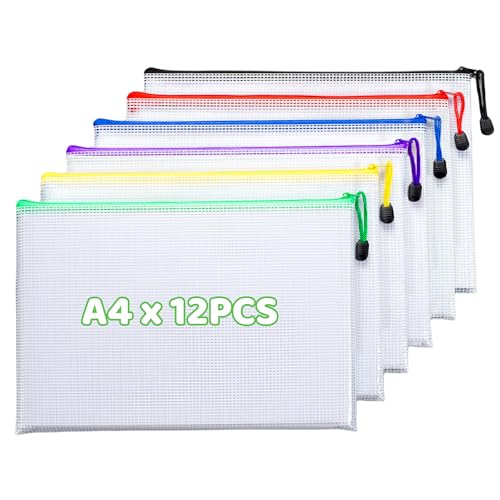 12Pcs Dokumententasche A4, Wasserdichte Zipper Beutel, Klar Dokumentenmappe Reisverschlusstaschen für Datei Papier Quittungen Kosmetika, Beutel mit Reißverschluss für Büro Hausaufgaben Reise Lagerung von TOOELMON