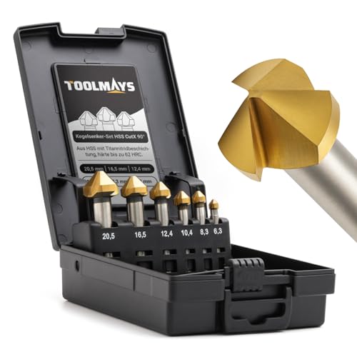 TOOLMAYS Kegelsenker Set HSS 6 tlg 90° Kegelsenker Satz Titan-Beschichtungen Ø 6,3-20,5 mm für Holz, Metall und Kunststoff von TOOLMAYS