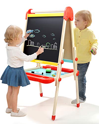 TOP BRIGHT Staffelei aus Holz für Mädchen und Jungen von 2 – 8 Jahren, doppelseitig, Tafel und Whiteboard, verstellbare Staffelei mit Aufbewahrung für Kinder von TOP BRIGHT