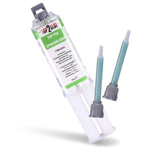 Top2Glue 2k Kleber | Epoxidharz Kleber | 5 Min Harz | echter Epoxy Kleber | 2 Komponenten Kleber | Kunststoff Metall Glas Stein Beton Holz | Express Kleber | 25g Spritze 1:1 + 2 Spitzen von TOP2GLUE