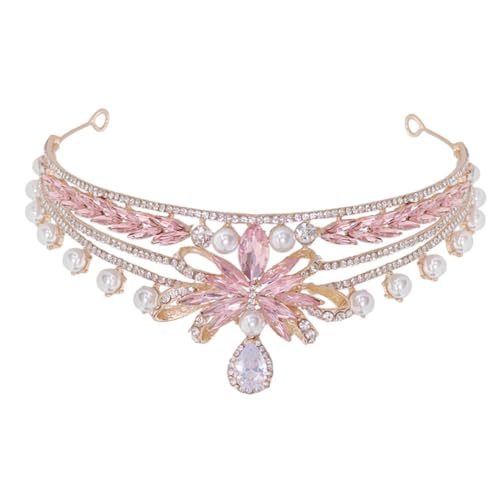 TOPBATHY Krone Haarschmuck Braut-Diademe Brautkrone Hochzeitskrone Hochzeit Kopfschmuck Krone mit Schleife Festzugskronen für Frauen Geburtstagskronen für Frauen Strasssteine Rosa von TOPBATHY