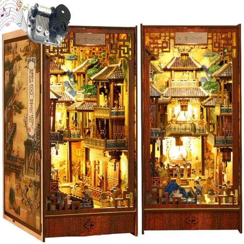 DIY Book Nook Kit Kreativität Chinesisches Architekturmodell 3D Holzpuzzle Puppenhaus Buchecke Kit mit LED-Licht Geschenk für Erwachsene Bücherregal Einsatz Dekor Handwerk (Ohne Staubschutz) von TOPBSFARNY