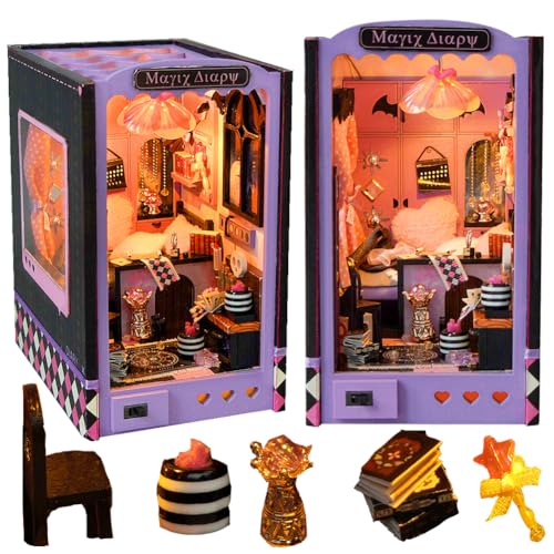 DIY Miniatur Puppenhaus Buchecken-Set, Magic House Book Nook Kit, 3D Holzpuzzle Buchstütze Bücherregal Einsatz Dekor mit LED-Licht für Halloween von TOPBSFARNY