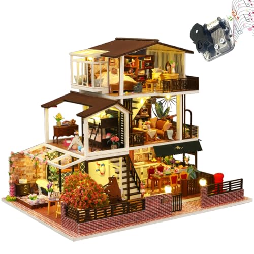 TOPBSFARNY Miniatur Holzpuppenhaus, Europäischer Vintage Stil DIY Puppenhaus Bausatz Villa 3D Modell mit Möbeln und Spieluhr Kreative Geschenke für Freund (Ohne Staubschutzhülle) von TOPBSFARNY