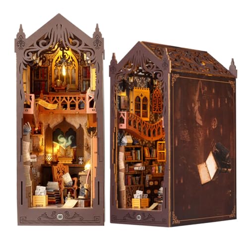 TOPBSFARNY Book Nook Puppenhaus-Miniatur-Set, Bücherregal-Einsatz-Dekor, 3D-Holzpuzzle-Buchecke, Miniatur-Set mit LED-Licht für kreative Buchstützen von TOPBSFARNY