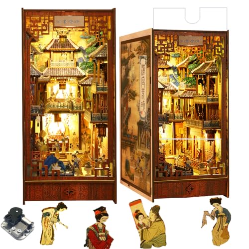 TOPBSFARNY DIY Book Nook Kit Kreativität Chinesisches Architekturmodell 3D Holzpuzzle Puppenhaus Buchecke Kit mit LED-Licht Geschenk für Erwachsene Bücherregal Einsatz Dekor Handwerk (mit Staubschutz) von TOPBSFARNY