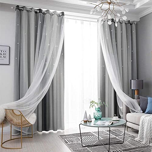 Star Blackout Vorhänge für Schlafzimmer Doppelt geschichtete thermisch isolierte Sonnenschutzvorhänge mit Netz Voile Sheers für Kinder Mädchen Zimmer Wohnzimmer (Grey, 2 Panels 132 X 213cm) von TOPCHANCES