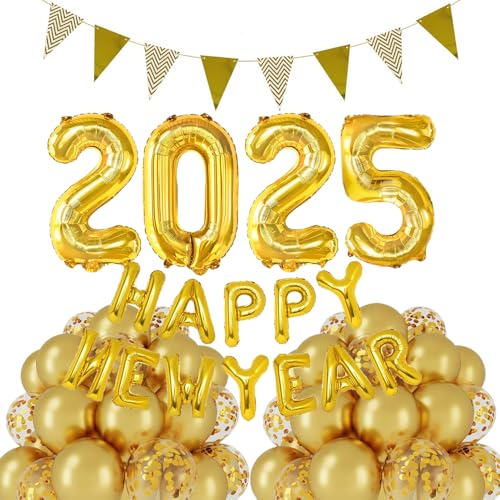 Happy New Year Deko 2025, Silvester Deko 2025, Deko Silvester Party, Happy New Year Folienballon Banner, 2025 Folienballon, Gold Konfetti Luftballons für Silvesterpartydeko Neujahrsdeko Accessoire von TOPHOPE