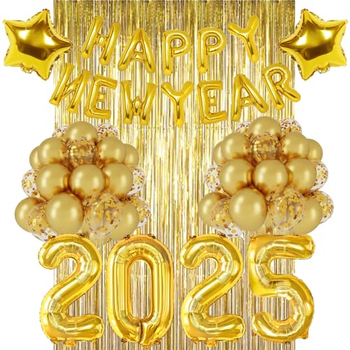 Happy New Year Deko 2025, Silvester Deko 2025, Deko Silvester Party, Happy New Year Folienballon Banner, 2025 Zahlen Folienballon, Gold Regenvorhang für Silvesterpartydeko Neujahrsdeko Accessoire von TOPHOPE