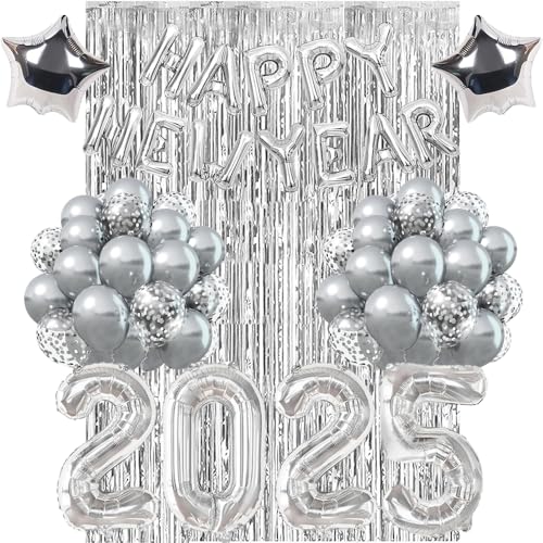 Happy New Year Deko 2025, Silvester Deko 2025, Deko Silvester Party, Happy New Year Folienballon Banner, 2025 Zahlen Folienballon, Silber Regenvorhang für Silvesterpartydeko Neujahrsdeko Accessoire von TOPHOPE