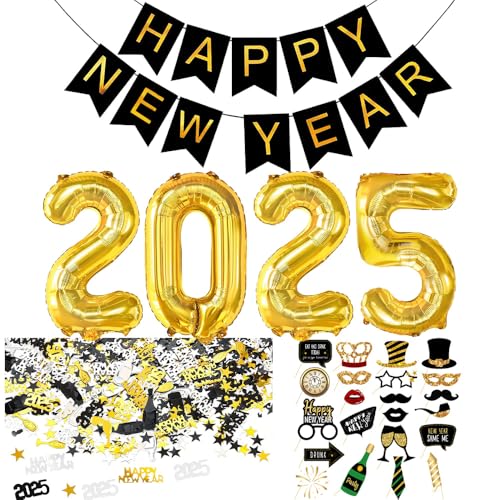 Schwarz Gold Silvester Deko 2025, Happy New Year 2025 Dekoration, Silvesterdeko 2025, Neujahr Deko Set mit Happy New Year Girlande, Folienballons, Fotorequisiten,Konfetti für Silvesterparty Dekoration von TOPHOPE