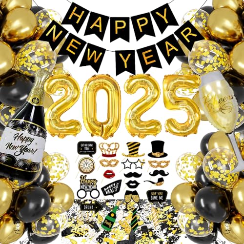 Schwarz Gold Silvester Deko 2025, Happy New Year 2025 Dekoration, Silvesterdeko 2025, Neujahr Deko Set mit Happy New Year Girlande, Folienballons, Fotorequisiten,Konfetti für Silvesterparty Dekoration von TOPHOPE