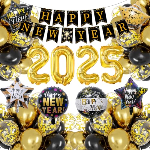 Schwarz Gold Silvester Deko 2025, Neujahr Deko 2025 Luftballons Set mit Happy New Year Girlande, 2025 Folienballon, Stern Folienballons Silvesterpartydeko Accessoire für 2025 Silvester Neujahr Party von TOPHOPE