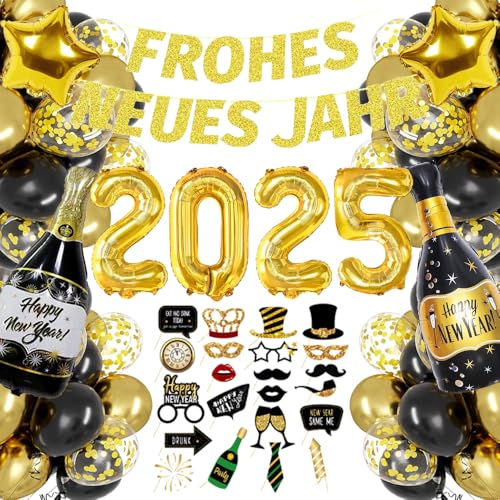 Silvester Deko 2025 XXL, New Year Decoration, FROHES NEUES JAHR Girlande, 2025 Folienballon, Fotorequisiten, Champagner Folienballons, Luftballons Schwarz Gold für Silvester Neujahr 2025 Party Deko von TOPHOPE