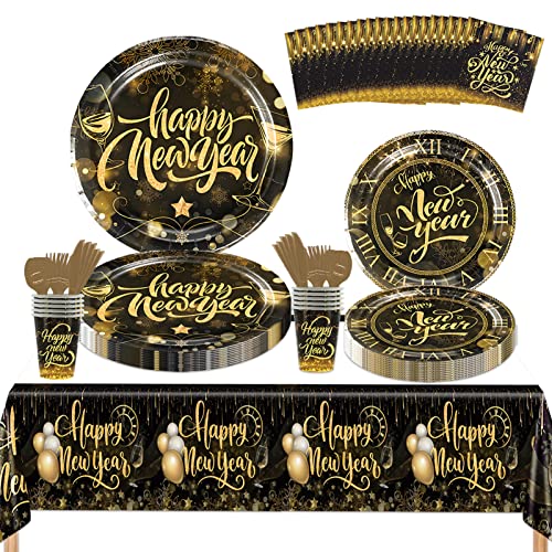 TOPJOWGA 2025 Happy New Year Partygeschirr Set, 81 Stück Silvester Deko Pappbecher Pappteller Servietten Tischdecke, Schwarz Gold Partygeschirr, Partygeschirr Deko für Neujahrsparty, Weihnachtsfeier von TOPJOWGA