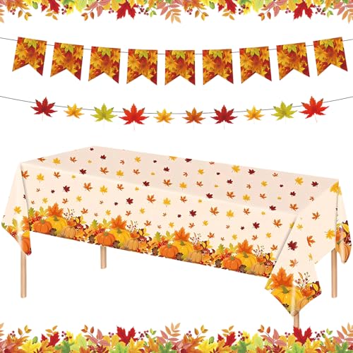 TOPJOWGA Ahornblätter Herbst Tischläufer, 137 x 274cm Herbst Tischwäsche + 2 Herbst Banner Dekorationen,Tischdecke Herbst, Erntedankfest Tischdecke, Herbst Kürbis Decke für Thanksgiving Party von TOPJOWGA