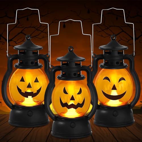 TOPJOWGA Halloween Laternen Kürbis Licht, 3PCS Halloween Vintage Kürbis Laterne, Halloween Deko Kürbis Beleuchtet mit Verschiedenen Ausdrücken, Kürbis Laternen Batterie Dekoration für Halloween Party von TOPJOWGA