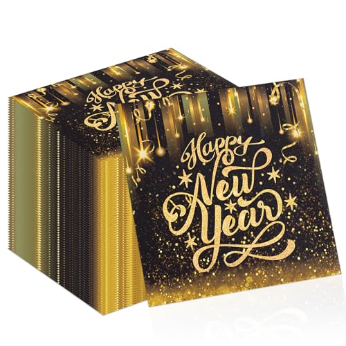 TOPJOWGA Happy New Year Papierservietten 2025, 100 Stücke Neujahr Papierservietten, Schwarz Gold Papierservietten, Silvester Servietten Tischdekoration für Party, Neujahr Party Dekoration, 33x33cm von TOPJOWGA